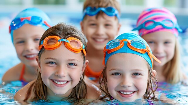 Smiling children enjoy swim class in a bright indoor pool during a sunny afternoon
