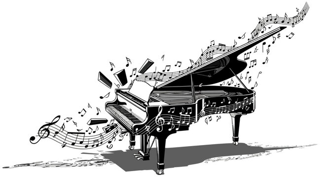 Dynamic grand piano illustration with flowing musical notes in black and white, symbolizing sound and artistry.