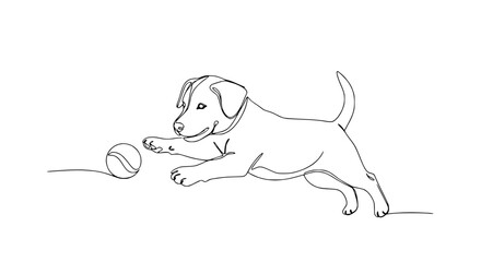 Playful puppy chasing a ball in a single line drawing style