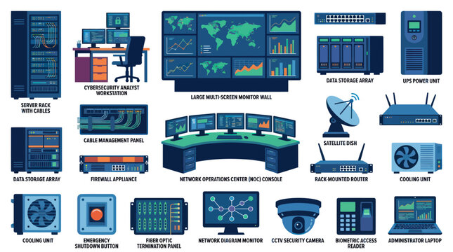 Cybersecurity technology, network security systems, data center equipment illustration, flat style