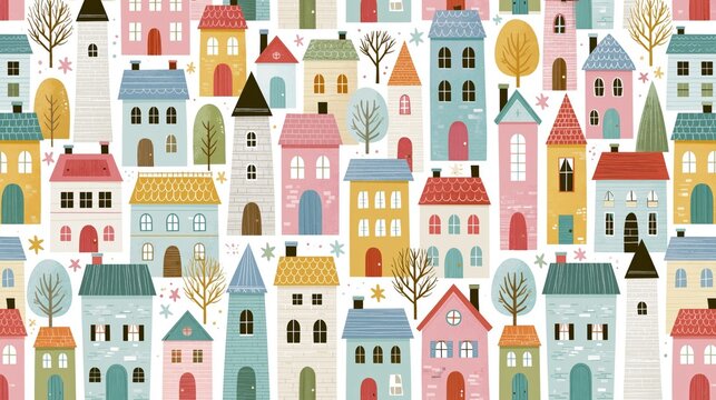 Whimsical village scene with colorful houses in a charming countryside setting for kids room decor