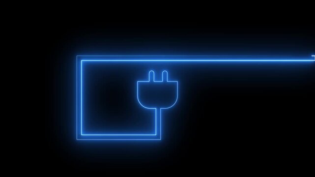 Glowing neon electric plug icon animation on a black background representing power supply, electricity, charging, energy, and electrical connectivity. Modern futuristic motion graphic
