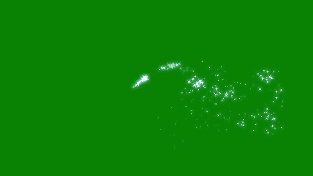 Bright glitter star sparkle animation, glowing white fairy dust, magical star line, luxury shimmer particles, elegant twinkling burst, seamless cinematic sparkle overlay effect on green background.4K