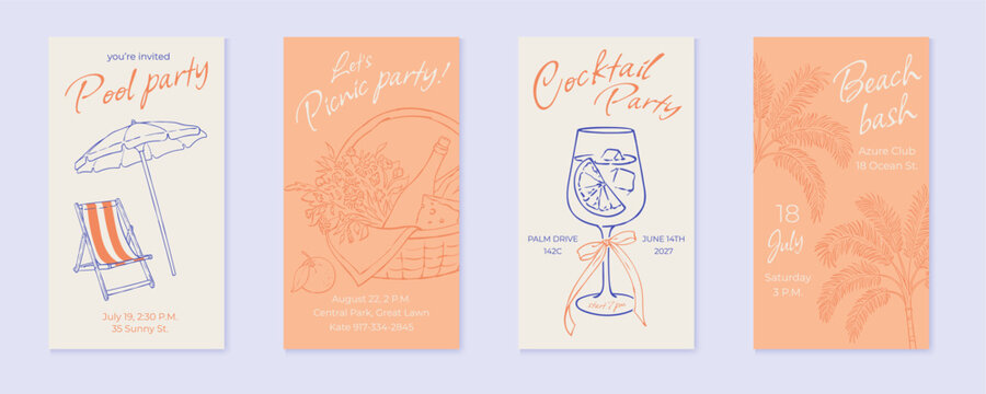 Hand drawn line collection of elegant summer party invitation card design in pink. Pool and beach doodle with cocktail and picnic themes, french vacation vibe. Social media template.