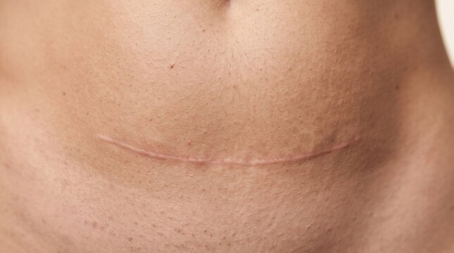 Close up of a healed cesarean section scar on a woman belly
