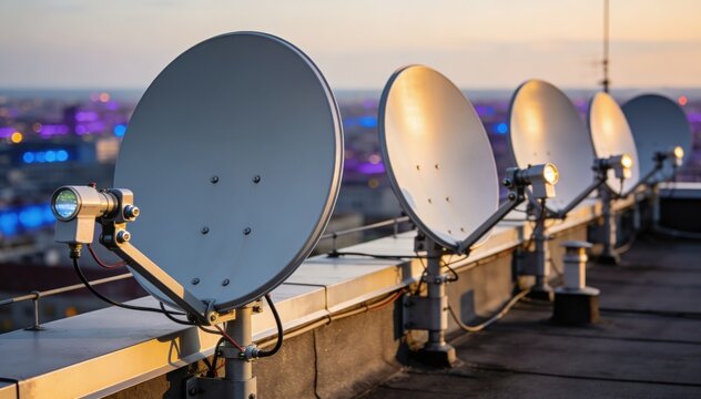 Focus on multiple rooftop dishes aligned along the parapet showing technical equipment in crisp detail against soft cityscape.
