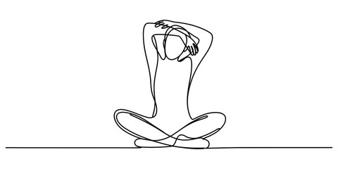 Obraz premium Continuous single line drawing of a person sitting in a yoga pose stretching arms
