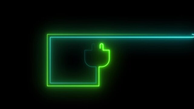 Glowing neon electric plug icon animation on a black background representing power supply, electricity, charging, energy, and electrical connectivity. Modern futuristic motion graphic