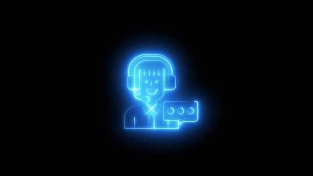 neon customer support icon animation featuring a headset operator with a chat bubble on a black background. Modern line art design representing customer service, technical support