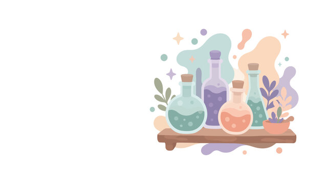 Stylized pastel laboratory glassware with botanical accents on wooden shelf.