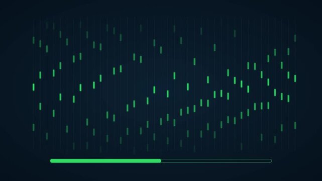 Digital data loading progress bar with animated green frequency equalizer lines animation 4k