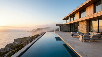 Fototapeta premium Modern luxury villa with infinity pool overlooking the ocean at sunset.