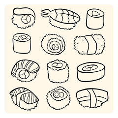 Delicious Sushi and Roll Doodle Collection Vector Illustration © Pukskup