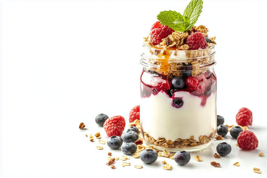 Overnight oats parfait in jar isolated on white