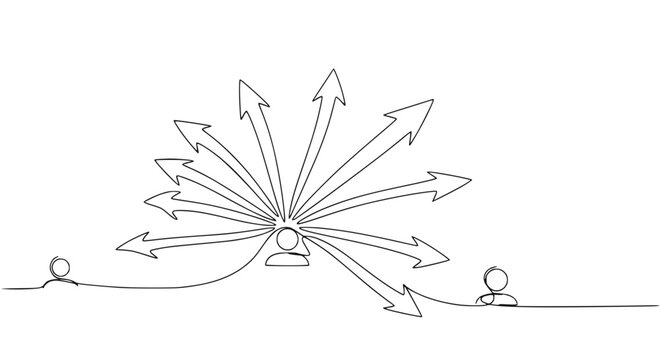 Diverging paths from central figure, multiple arrows spreading out, concept of choice
