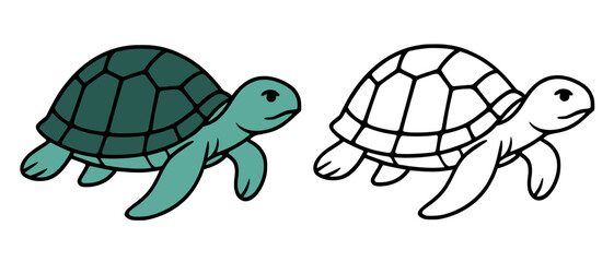 Minimalist turtle icon, line art and colored illustration, for coloring page © Bambang