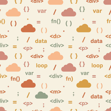 Seamless programming code and cloud computing pattern. EPS Editable. Vector Illustrations.