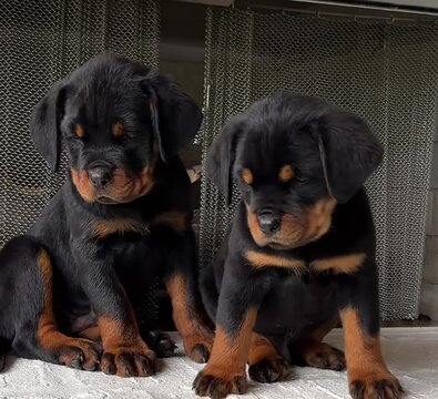 Two adorable rottweiler puppies sitting together in this high quality slow motion pet video footage clip