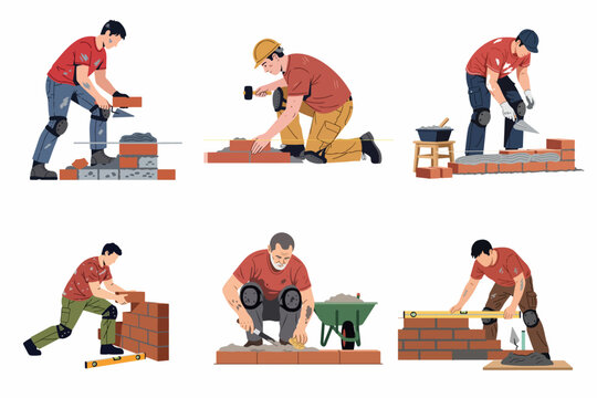 Set of flat vector illustrations of male construction workers laying bricks, building walls, and using masonry tools on a white background.
