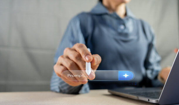 Businesswoman using stylus pen typing AI prompt commands on digital screen virtual search bar concept.