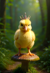 Naklejka premium Curious yellow chick wearing a crown on mushroom