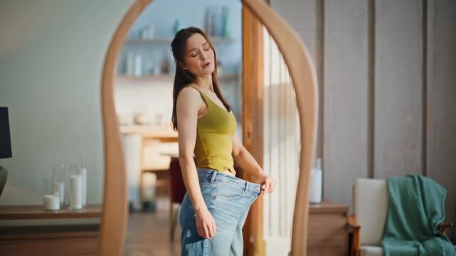 Slim lady trying jeans dissatisfied weight loss home. Sad brunette posing pants 