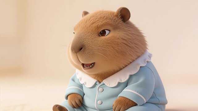 Cute animated capybara wearing pajamas looking sleepy.