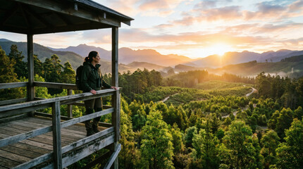 Fototapeta premium Environmental Guardian Watches over Thriving Forest at Sunrise