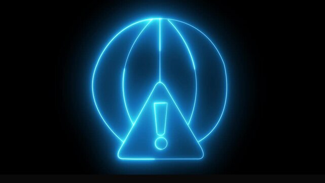 glowing neon global warning sign and world globe icon with exclamation mark on black background. Represents global alerts, internet security risks, worldwide emergencies, and system error notification