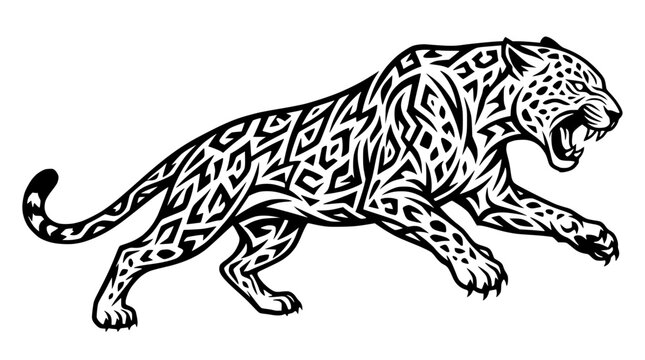Aggressive Tribal Leopard Illustration Black and White