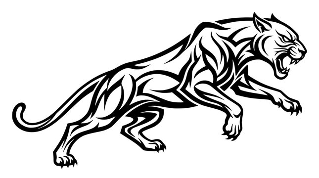 Aggressive Pouncing Panther Tribal Tattoo Design