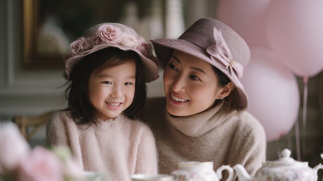Mothers Day, Valentines Day, love holiday theme. A woman and a young girl seated at a table, both wearing hats. On the table are teapots, cups, and a bouquet of flowers.