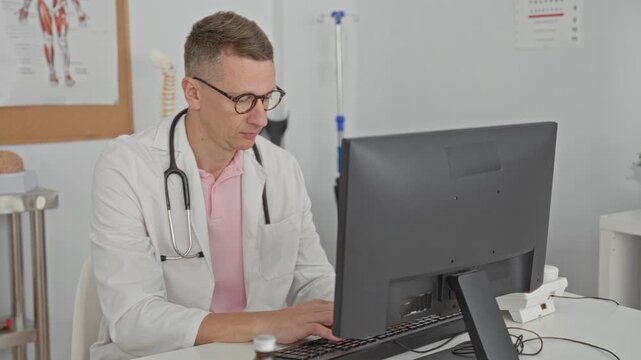 Man doctor typing on keyboard at desktop computer with stethoscope around neck, hands on keys, anatomical poster and brain visible on metal trolley in clinic; calm focus.