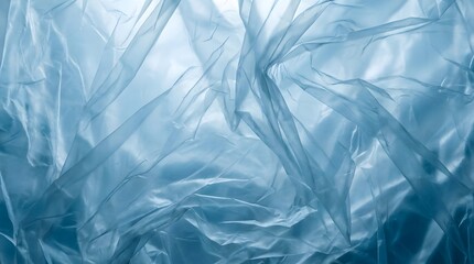 Obraz premium Close up of crumpled transparent plastic texture with soft blue lighting, creating abstract folds, creases, and shadows on a smooth surface