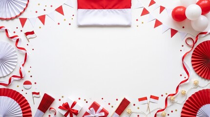 Fototapeta premium Flat lay of Indonesian Independence Day decorations with red and white flags, balloons, ribbons, gift boxes, and festive ornaments on a white background with copy space.