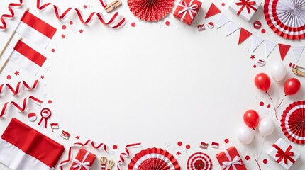 Fototapeta premium Flat lay of Indonesian Independence Day decorations with red and white flags, balloons, ribbons, gift boxes, and festive ornaments on a white background with copy space.