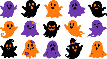 Fototapeta premium Halloween vector ghosts a spooky collection of purple orange and black ghost illustrations for halloween decorations