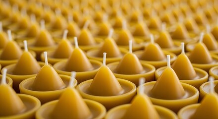 Fototapeta premium Rows of small, conical yellow beeswax candles with wicks, arranged in a repetitive pattern, captured in a close-up view with a shallow depth of field