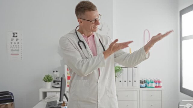 Man doctor in white coat with stethoscope and glasses smiling while gesturing palms up in building exam room; friendly welcome.