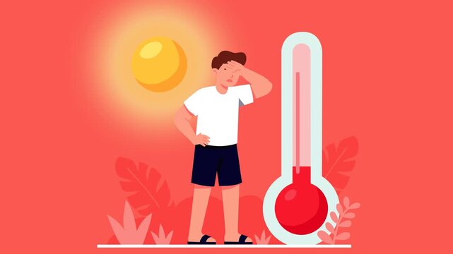 Animated heatwave scene showing an exhausted man standing beside a high thermometer under the blazing sun. Ideal for climate change, global warming, extreme weather, summer heat, and El Nino
