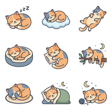 Cute cat poses various sleep positions icon set vector