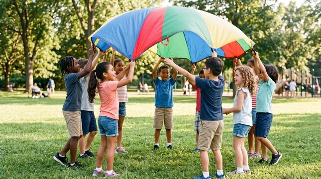 Diverse group of children playing together with a colorful parachute in a sunny park on a summer day