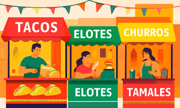 A vibrant illustration of a Mexican street food market with stalls selling tacos, elotes, churros, and tamales, featuring vendors serving customers.