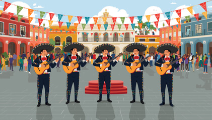 Five mariachi musicians perform in a vibrant town square adorned with colorful banners, surrounded by a lively crowd and traditional architecture. © blu