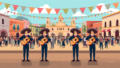 Four mariachi musicians performing in a vibrant Mexican town square with festive banners, historic buildings, and a lively crowd celebrating. © blu