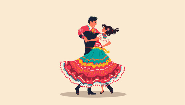 A vibrant illustration of a couple in traditional folk costumes dancing gracefully, celebrating cultural heritage.