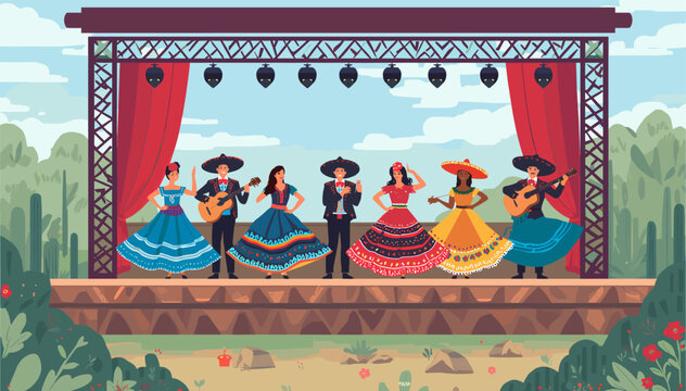A vibrant outdoor stage performance featuring a mariachi band and dancers in traditional Mexican folk costumes.