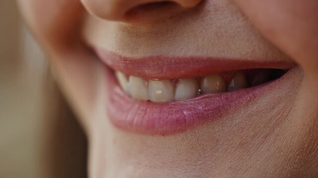 Closeup woman lips smiling feeling happy indoors. Macro view beautiful lady