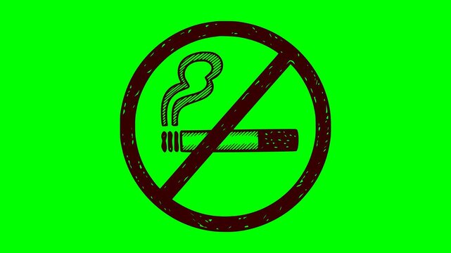 animated hand drawn style no smoking sign featuring a blinking red warning light effect over an isolated green screen chroma key background for easy video editing