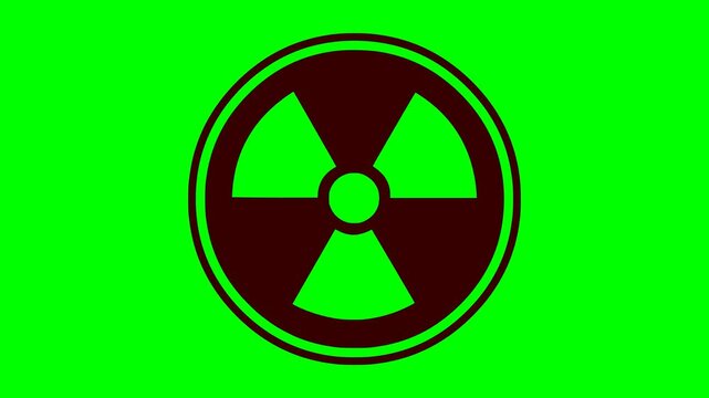 nuclear radiation warning symbol vector animation with a red blinking emergency light on a green chroma key background for easy video editing and compositing